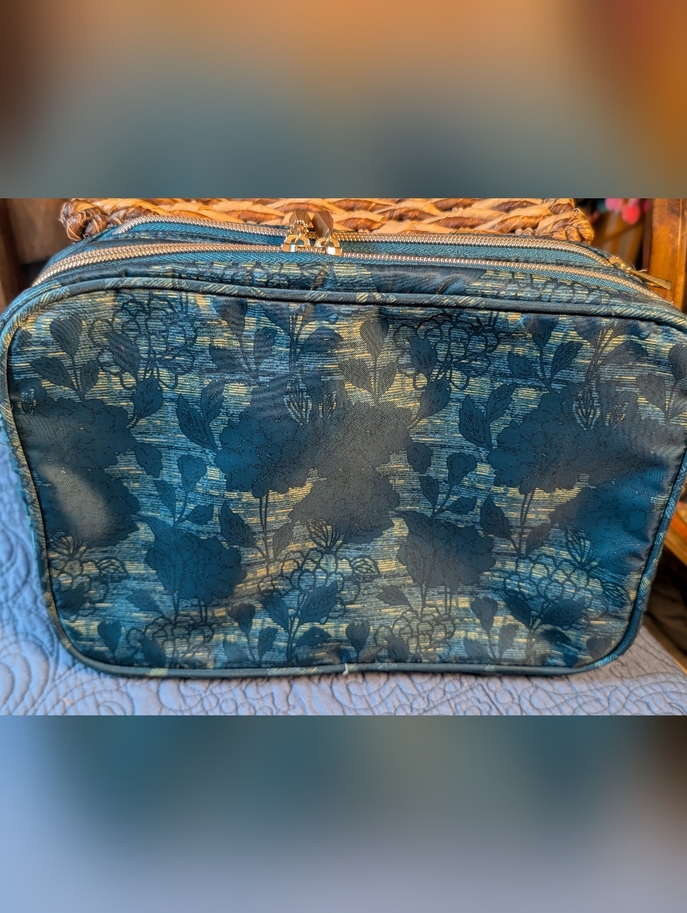 Teal Floral Cosmetic Bag Travel Makeup Case Multi Compartment Zip Organizer (H)